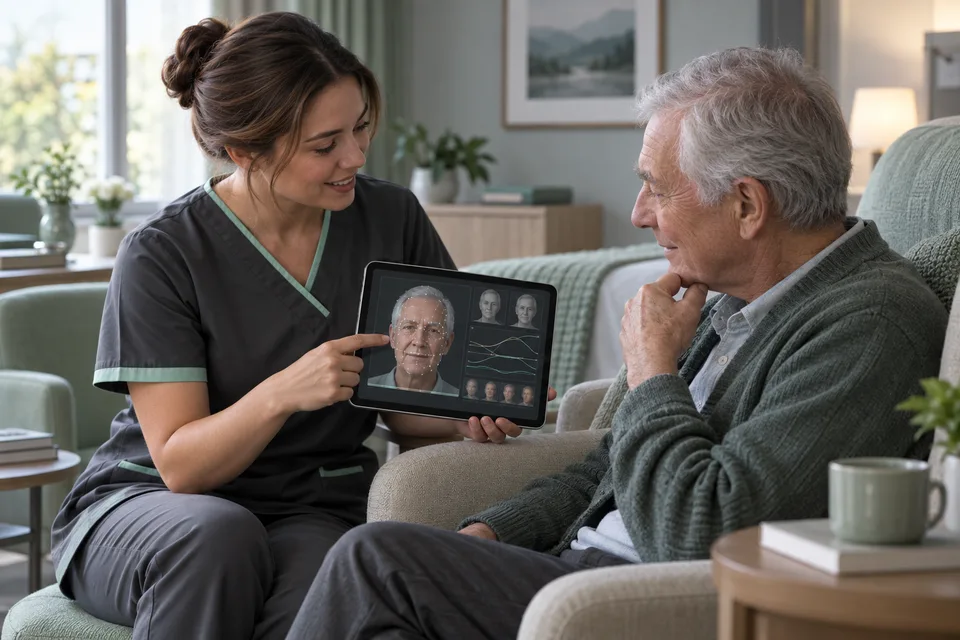 Medicine and care work: example of reviewing facial movement on a device