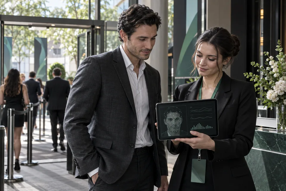 Event entry and access control: example of reviewing facial movement on a device